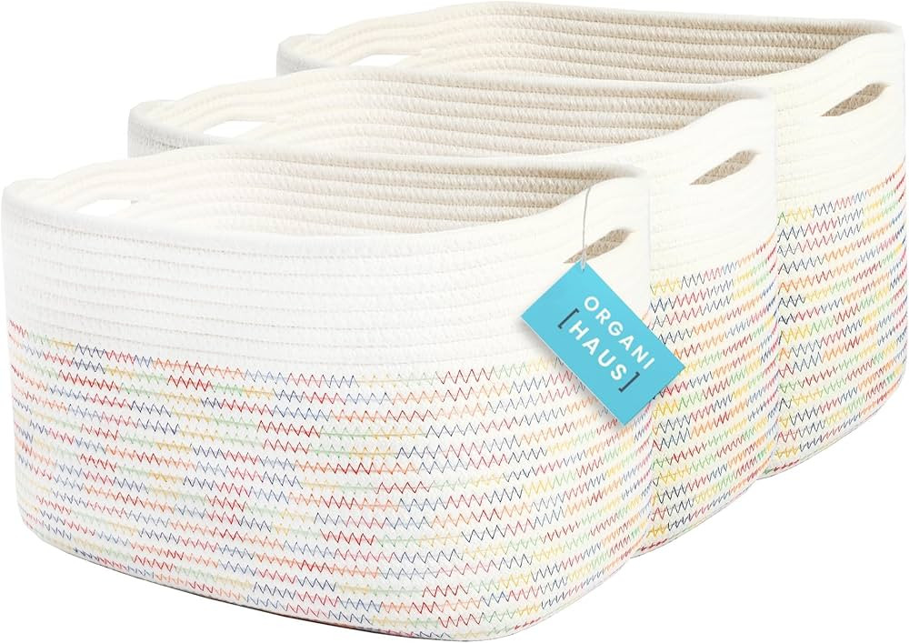 OrganiHaus Set of 3 Cute Rainbow Storage Basket for Toys & Cloths, Cotton Rope Bins for Storage, ... | Amazon (US)