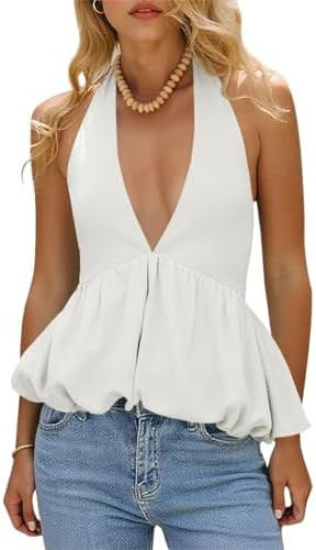 Tankaneo Womens Deep V Neck Halter Tank Tops Summer Trendy Casual Bubble Hem Tie Back Sleeveless ... | Amazon (US)
