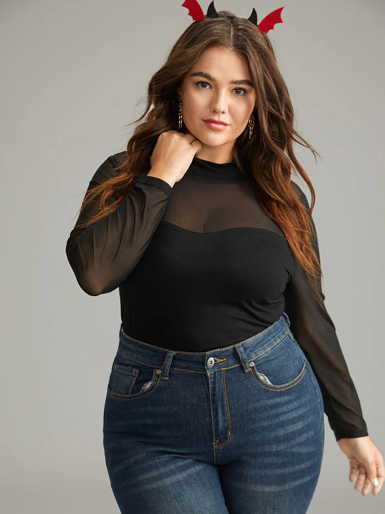 Halloween Plain Mesh Mock Neck Skinny T-shirt | Bloomchic