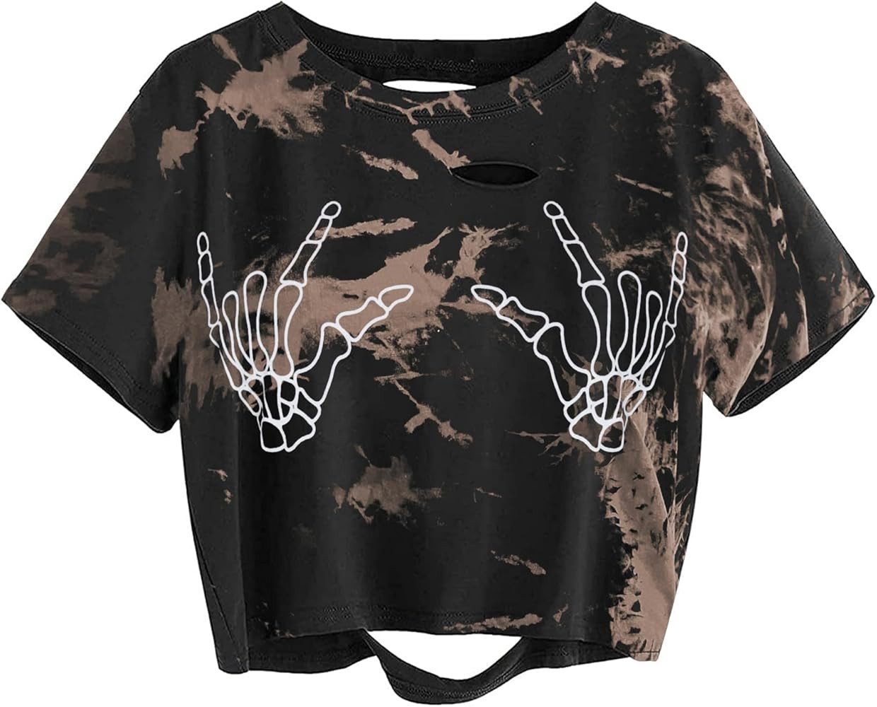 Avanova Women Skull Finger Graphic Distressed Tee Shirt Ripped Short Sleeve Crop Tops | Amazon (US)