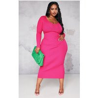 Plus Bright Pink Off Shoulder Rib Knitted Midaxi Dress | PrettyLittleThing CAN