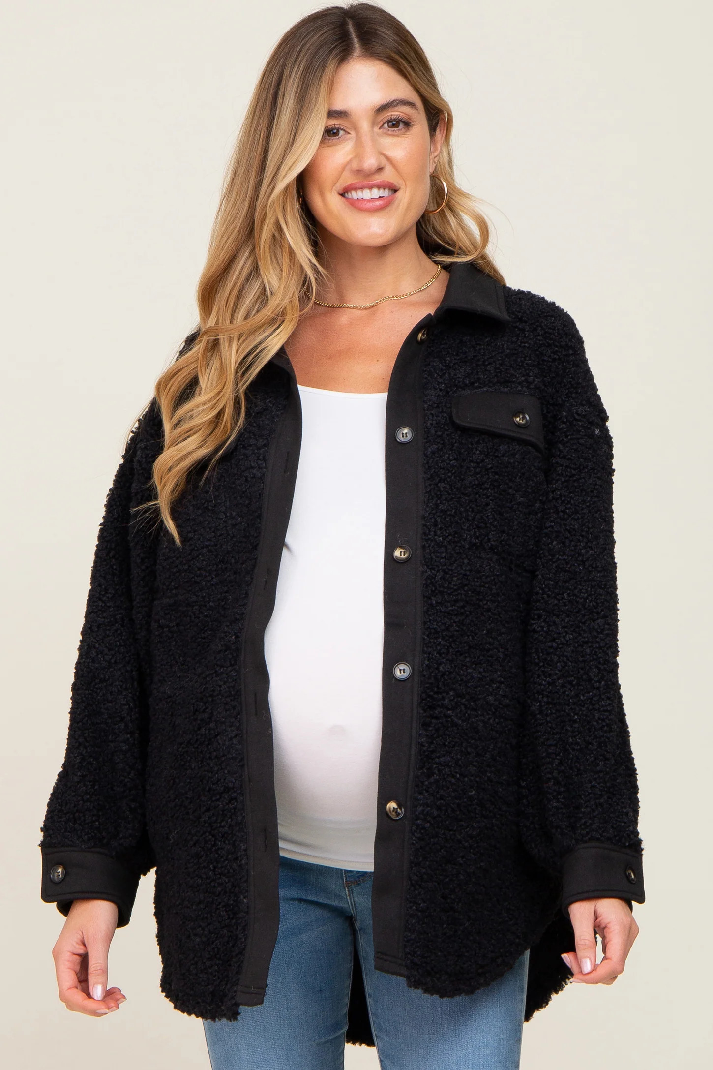 Black Contrast Oversized Sherpa Maternity Coat | PinkBlush Maternity