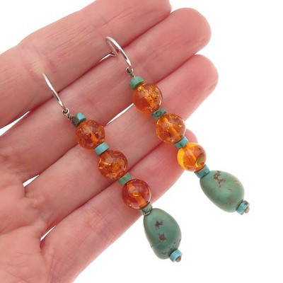 925 Sterling Silver Vintage Real Turquoise & Amber Beaded Dangle Earrings | eBay US