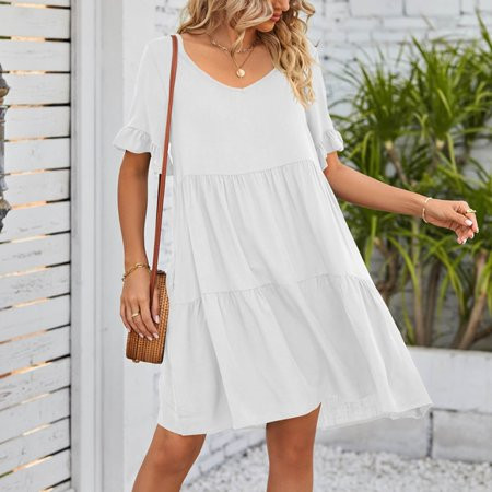 KEYBANG Womens Dresses Short Fashion Solid Short Sleeve A-Line V-Neck Summer Dress White S | Walmart (US)