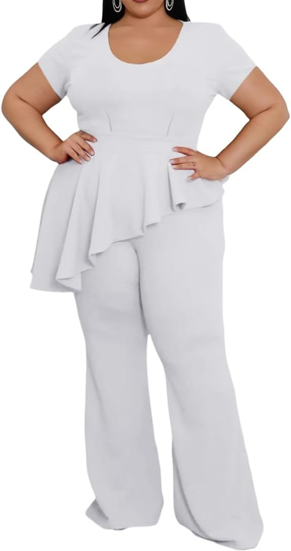 Plus Size 2 Piece Sets for Curvy Women Short Sleeve Pleated Top Wide Leg Pants Sets Pockets Busin... | Amazon (US)
