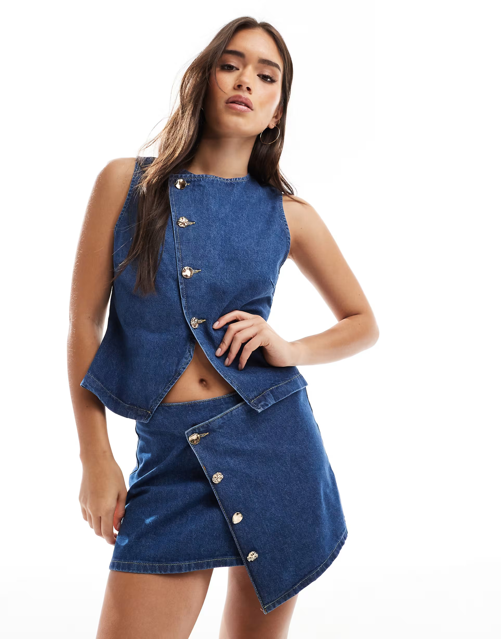ASOS DESIGN asymmetric wrap front denim micro skirt with gold buttons co-ord in mid blue | ASOS | ASOS (Global)