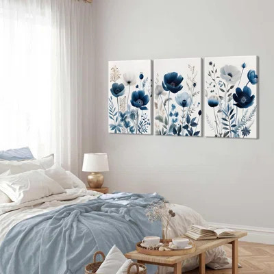 3Pcs Flower Canvas Wall Art Navy Blue Wildflower Wall Decor Pictures Modern Watercolor Boho Botanical Floral Posters Prints For Bedroom Living Room Ho | Wayfair North America