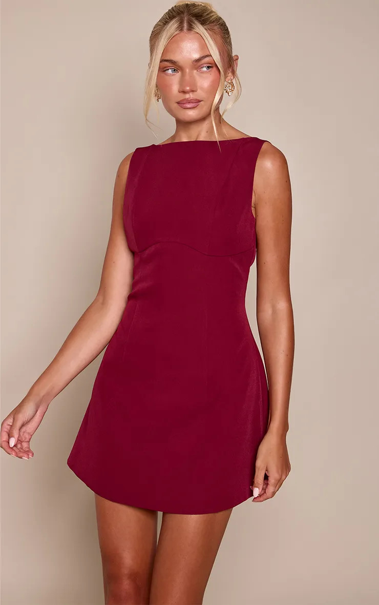 Wine Woven Boat Neck Backless Detail Mini Dress | PrettyLittleThing US