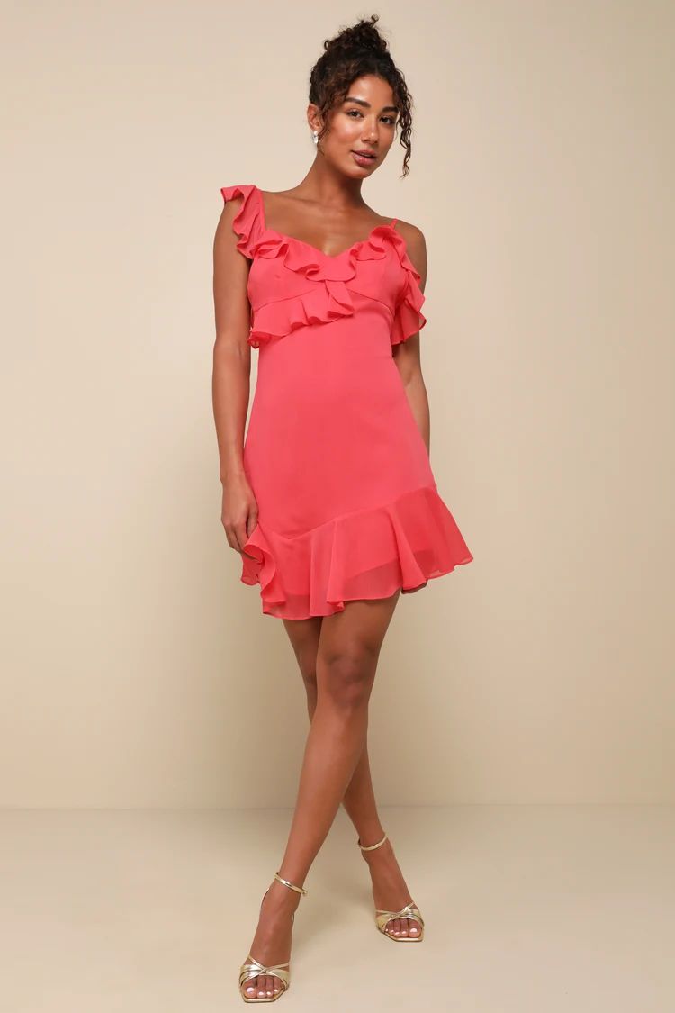 Captivating Always Coral Pink Ruffled Asymmetrical Mini Dress | Lulus