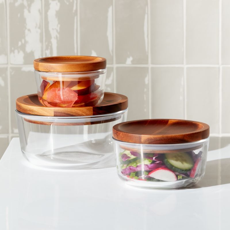 Pyrex Wood Lid Storage 6-Piece Set + Reviews | Crate and Barrel | Crate & Barrel