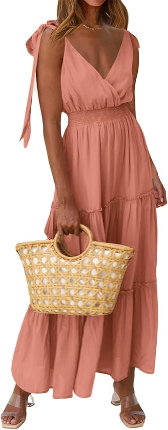 PRETTYGARDEN Women's Cross Neck Summer Sleeveless Tiered Maxi Dress Beach Tie Strap Smocked Long ... | Amazon (US)