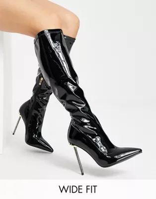 Simmi London Wide Fit Demi knee boots with diamante stiletto heel in black patent | ASOS (Global)