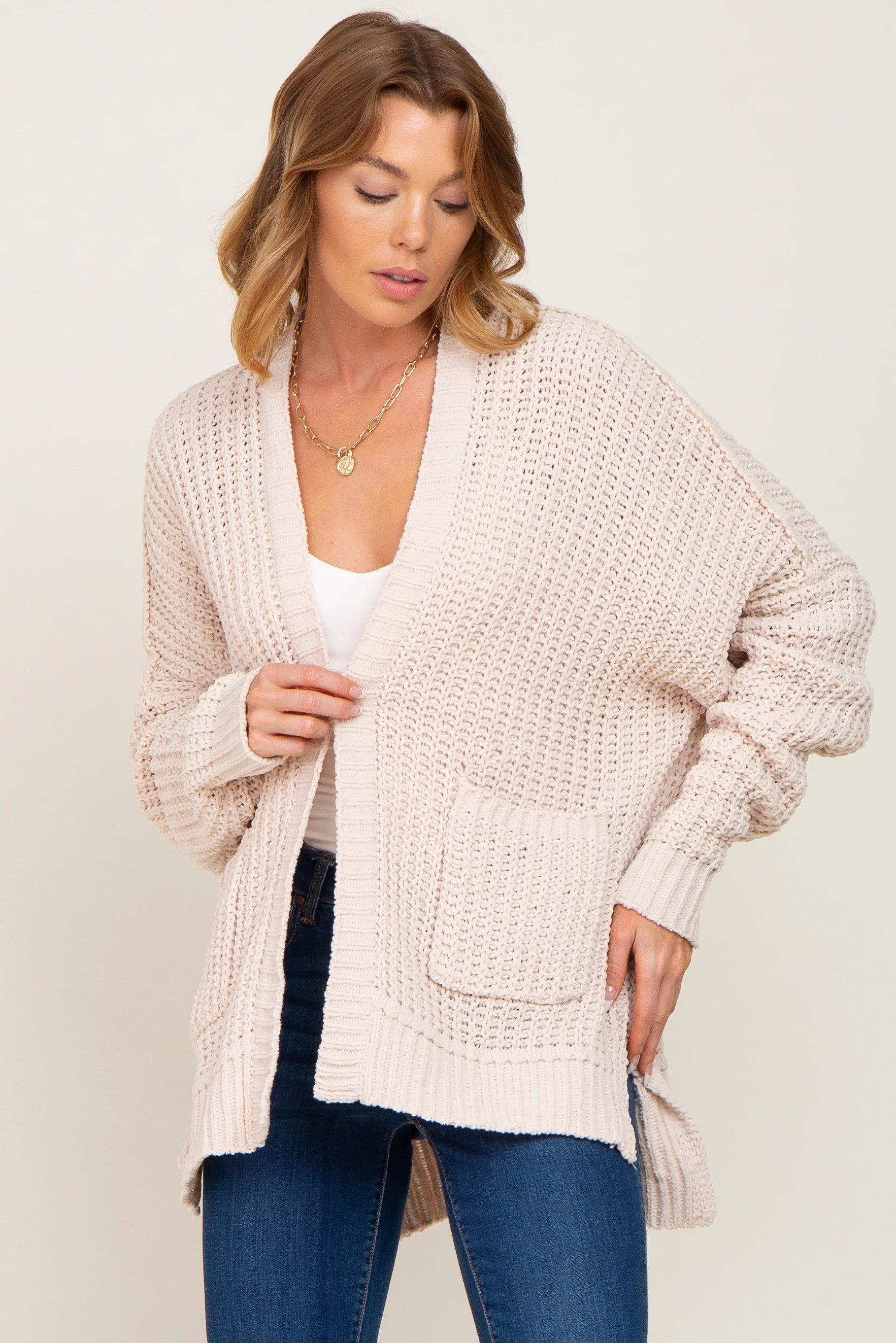 Beige Chunky Knit Oversized Cardigan | PinkBlush Maternity