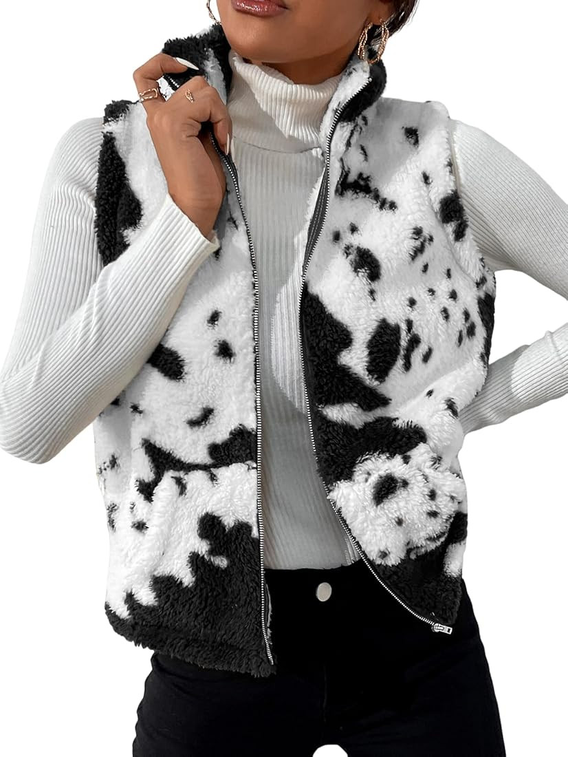 SOLY HUX Women's Cow Print Fleece Fuzzy Zip Up Vest Jacket Sleeveless Outwear with Pockets | Amazon (US)