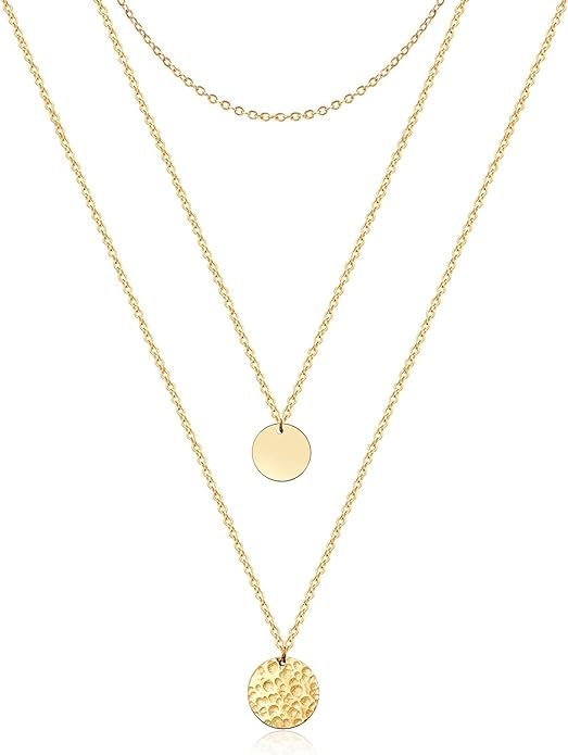 Amazon.com: Layered Necklaces for Women - 14K Gold Plated Dainty Circle Bar Coin Necklace for Wom... | Amazon (US)