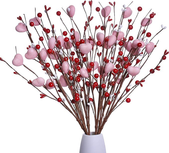 J'FLORU Valentine’s Day Gifts,6 Pack Valentine’s Day Picks Berry Stems with Pink Hearts for V... | Amazon (US)