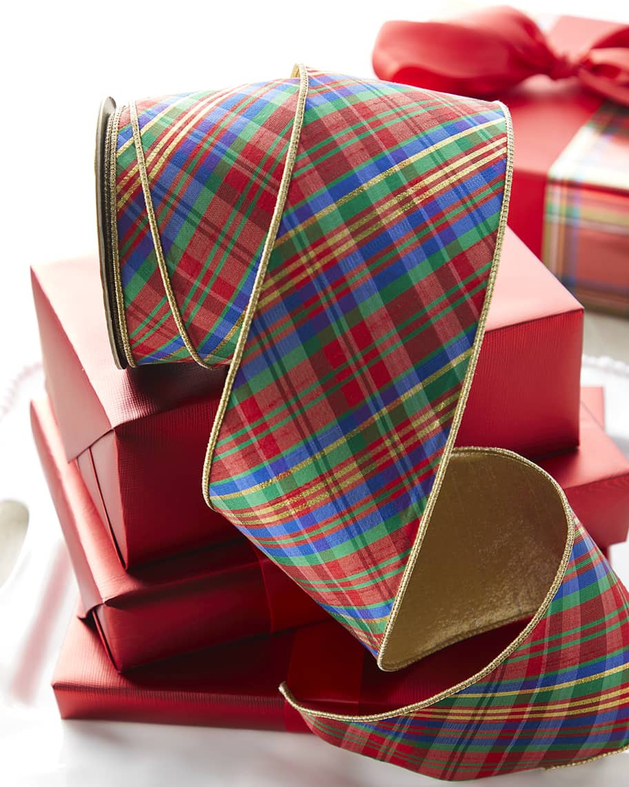D. Stevens Plaid Dupion Diagonal Yuletide Ribbon, 4"W x 10 Yards | Neiman Marcus