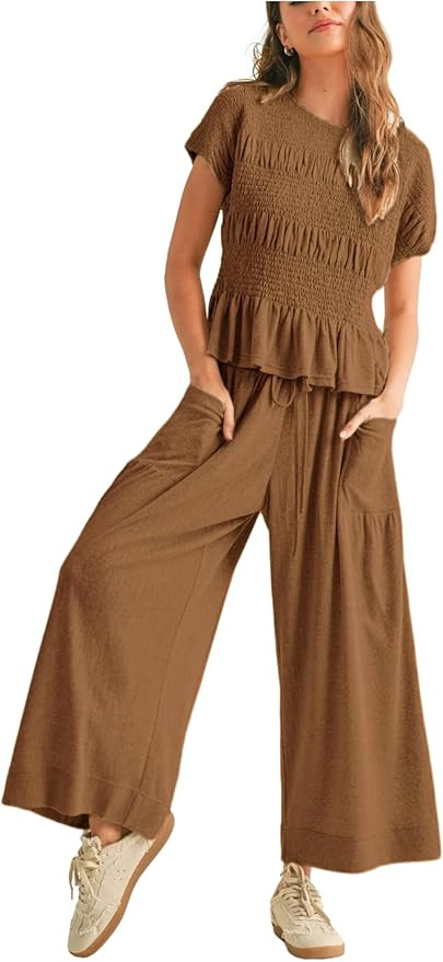 Womens 2 Piece Smocked Top Wide-Leg Pants Set High-Waisted Lounge Outfit with Pockets Casual Boho... | Amazon (US)