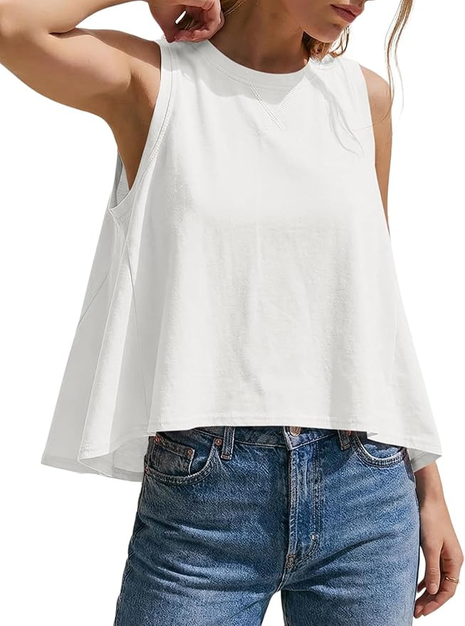Kumufenc Women Summer Casual Flowy Tops Loosefit Crop Tank Tops Sleeveless Crewneck High Low Top | Amazon (US)