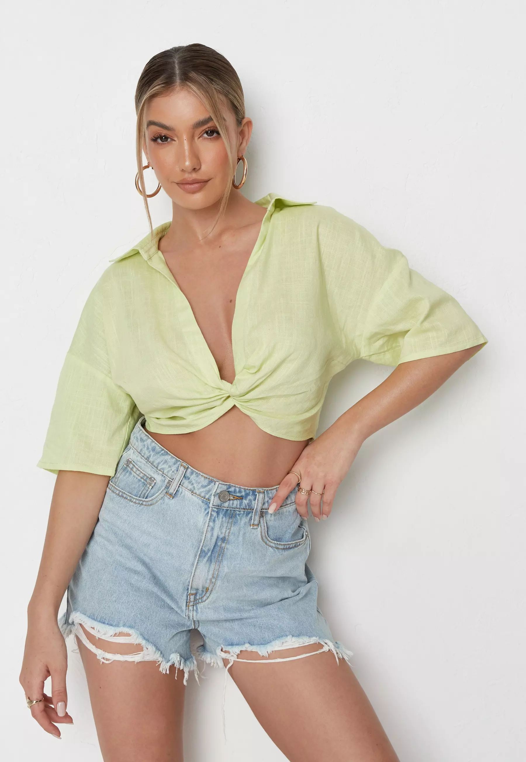 Tall Green Linen Mix Twist Front Top | Missguided (US & CA)
