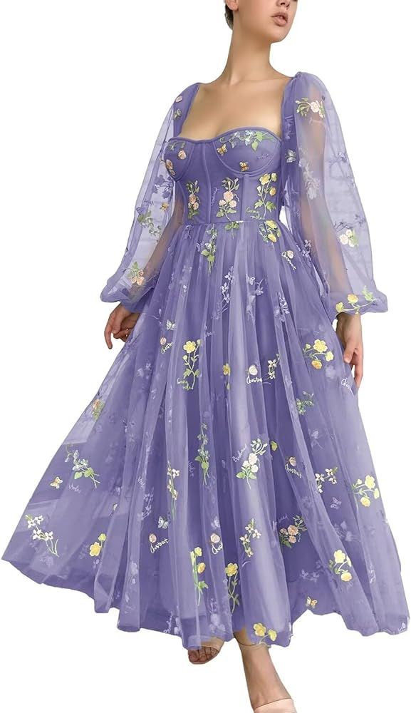 Xijun Women's Puffy Prom Dresses Long Sleeve Flowers Embroidery Tulle Tea Length Formal Evening P... | Amazon (US)