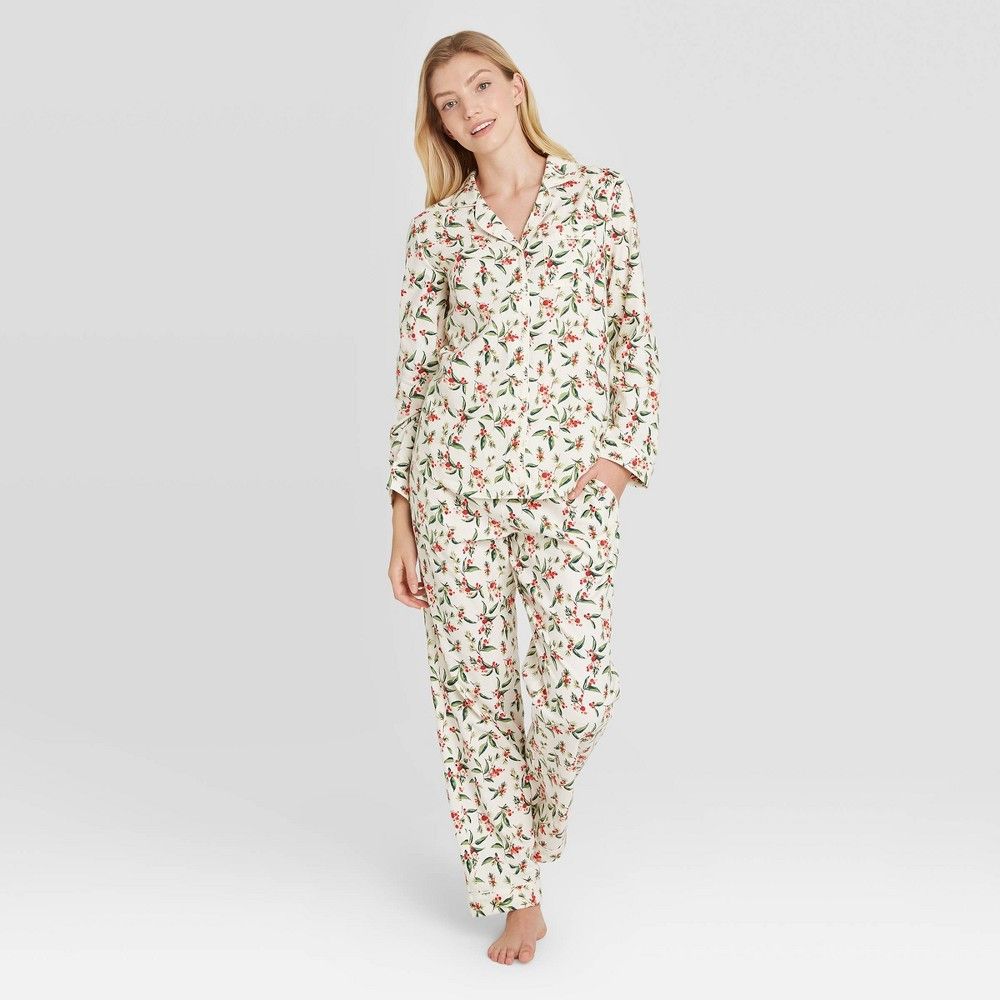 Women's Holly Print Perfectly Cozy Flannel Long Sleeve Notch Collar Top and Pants Pajama Set - Stars | Target