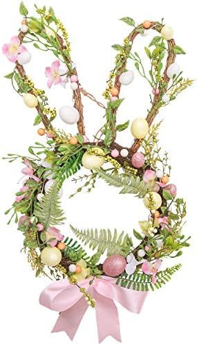 Valery Madelyn Easter Wreath for Front Door, 22 inch Adorable Bunny Wreath with Pink Bow, Eggs and G | Amazon (US)