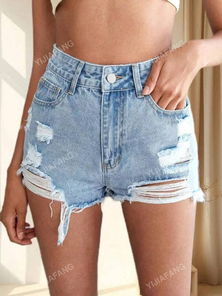 Women's Distressed Frayed Hem Denim Shorts For Summer | SHEIN USA | SHEIN