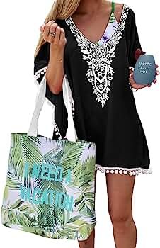 Adreamly Women's Pom Pom Trim Kaftan Chiffon Swimwear Beach Cover Up | Amazon (US)