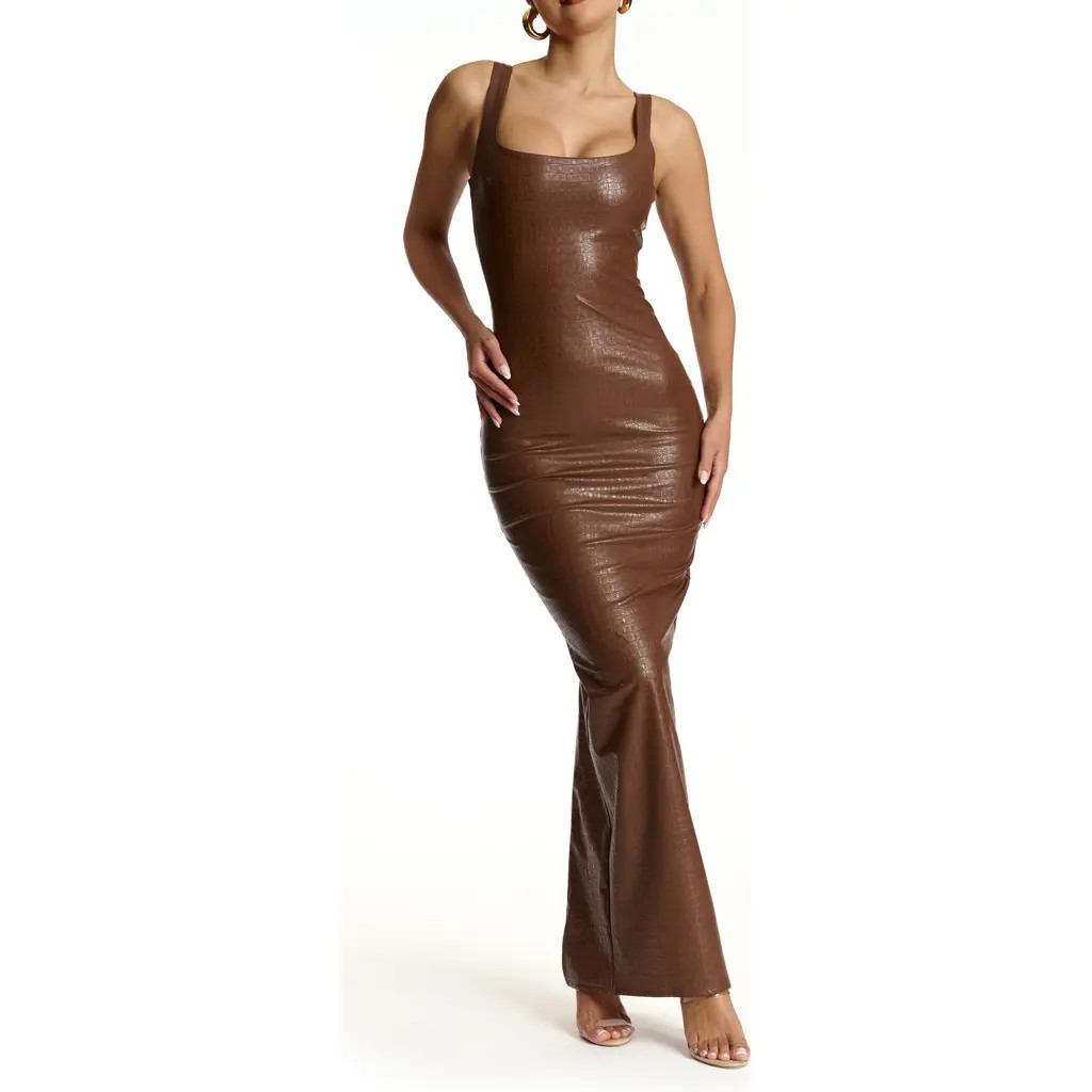 Naked Wardrobe Croc Embossed Faux Leather Body-Con Dress in Chocolate at Nordstrom, Size Medium | Nordstrom