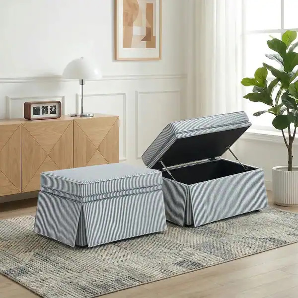2 Set Rectangle Chenille Upholstered Storage Ottoman - Pinstripe Blue | Bed Bath & Beyond
