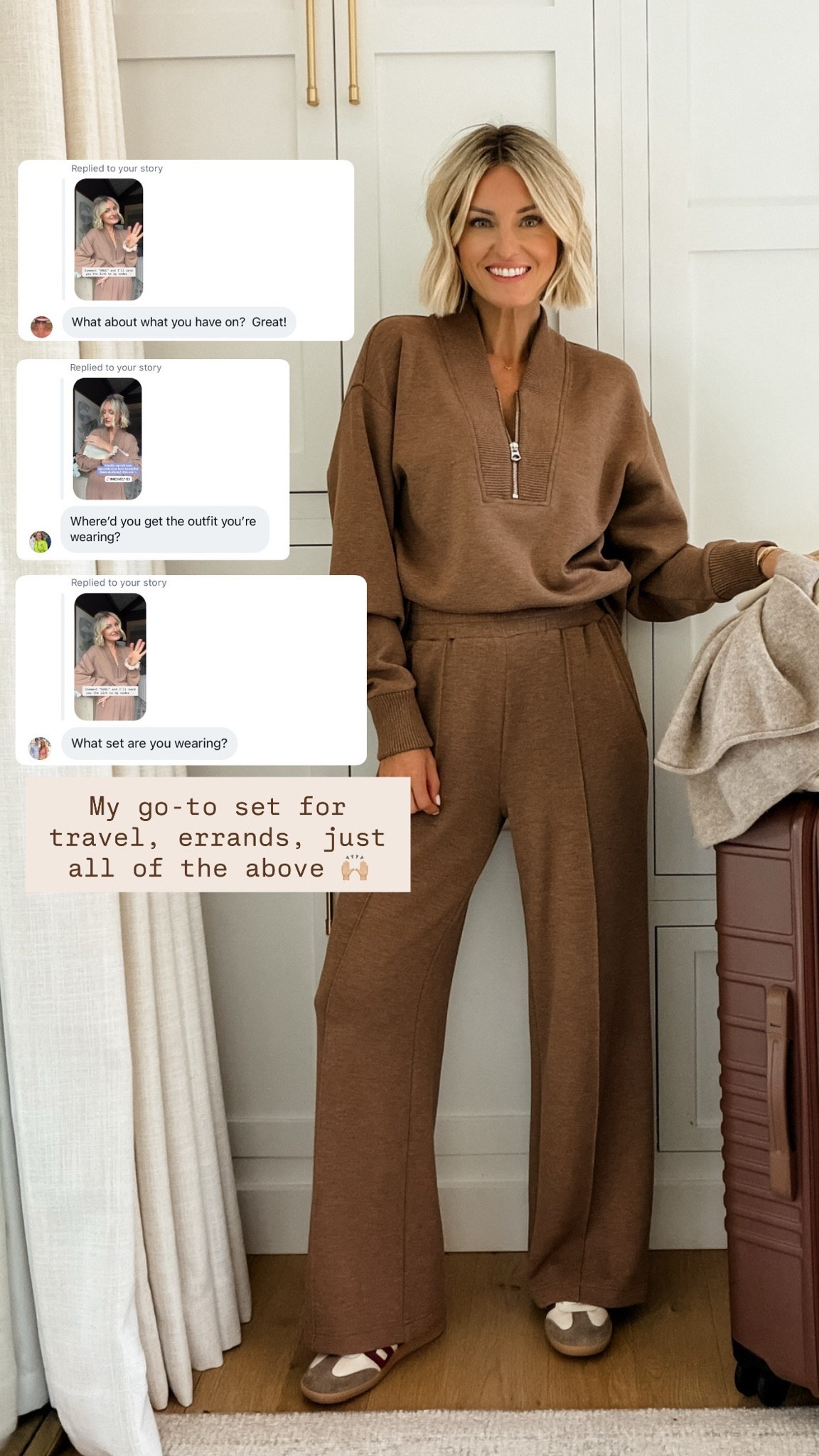 This set from Varley is so good! I love their matching sets for an elevated travel look! The brown color is great for fall as well, and the fabric quality is unmatched! Wearing small 

Loverly grey, Varley set, matching brown pant sweat set, airport outfit ideas, lounge outfit, zip up brown pullover