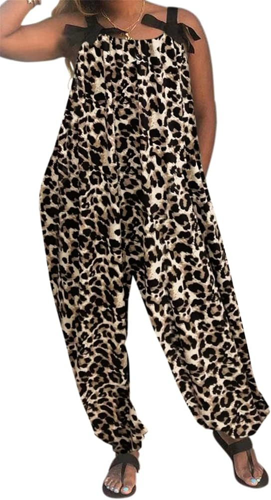 LAMISSCHE Wonens Plus Size Overalls Spaghetti Strap Baggy Romper Harem Wide Leg Jumpsuit With Poc... | Amazon (US)