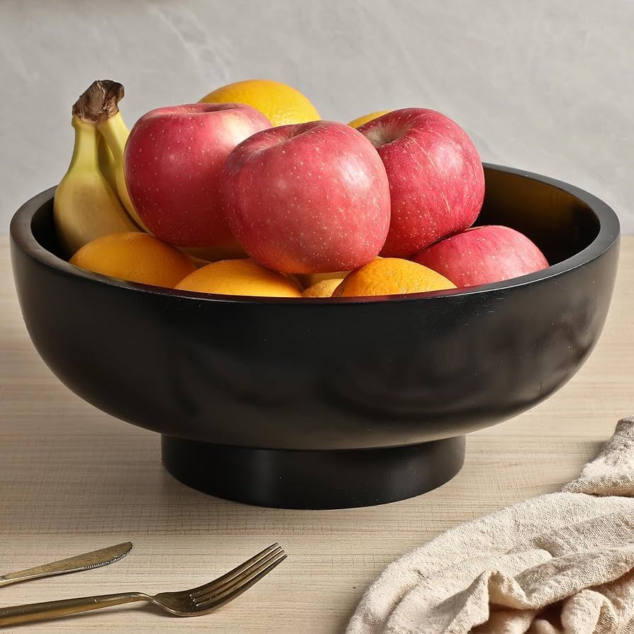IVE Design Black Wood Fruit Bowl for Kitchen Counter, 12-inch Diameter Large Wooden Fruit Bowl, N... | Amazon (US)
