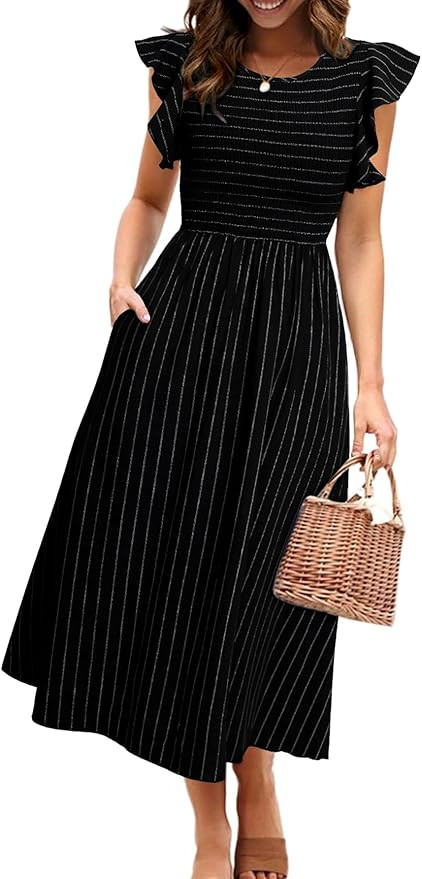 Simplee - Vestido de verano a rayas para mujer, vestido de manga corta con vuelo, vestido casual ... | Amazon (US)