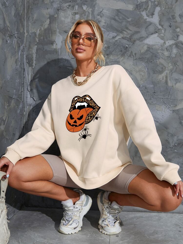Lip & Halloween Print Drop Shoulder Sweatshirt | SHEIN