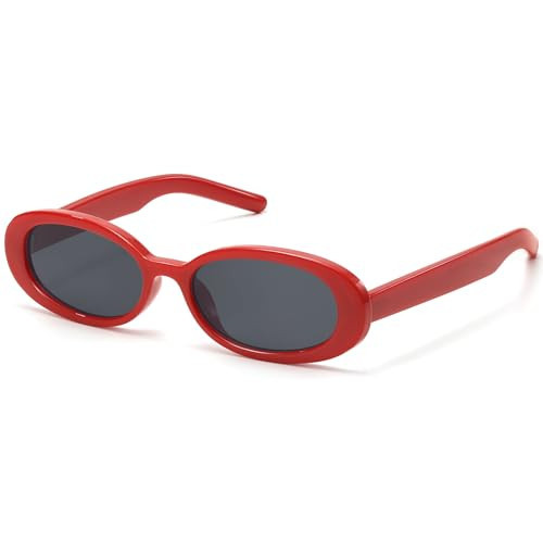 Oval Sunglasses for Women Men Vintage Retro Small 90s Style Trendy Sun Glassess Red Frame Gray Lens | Amazon (US)