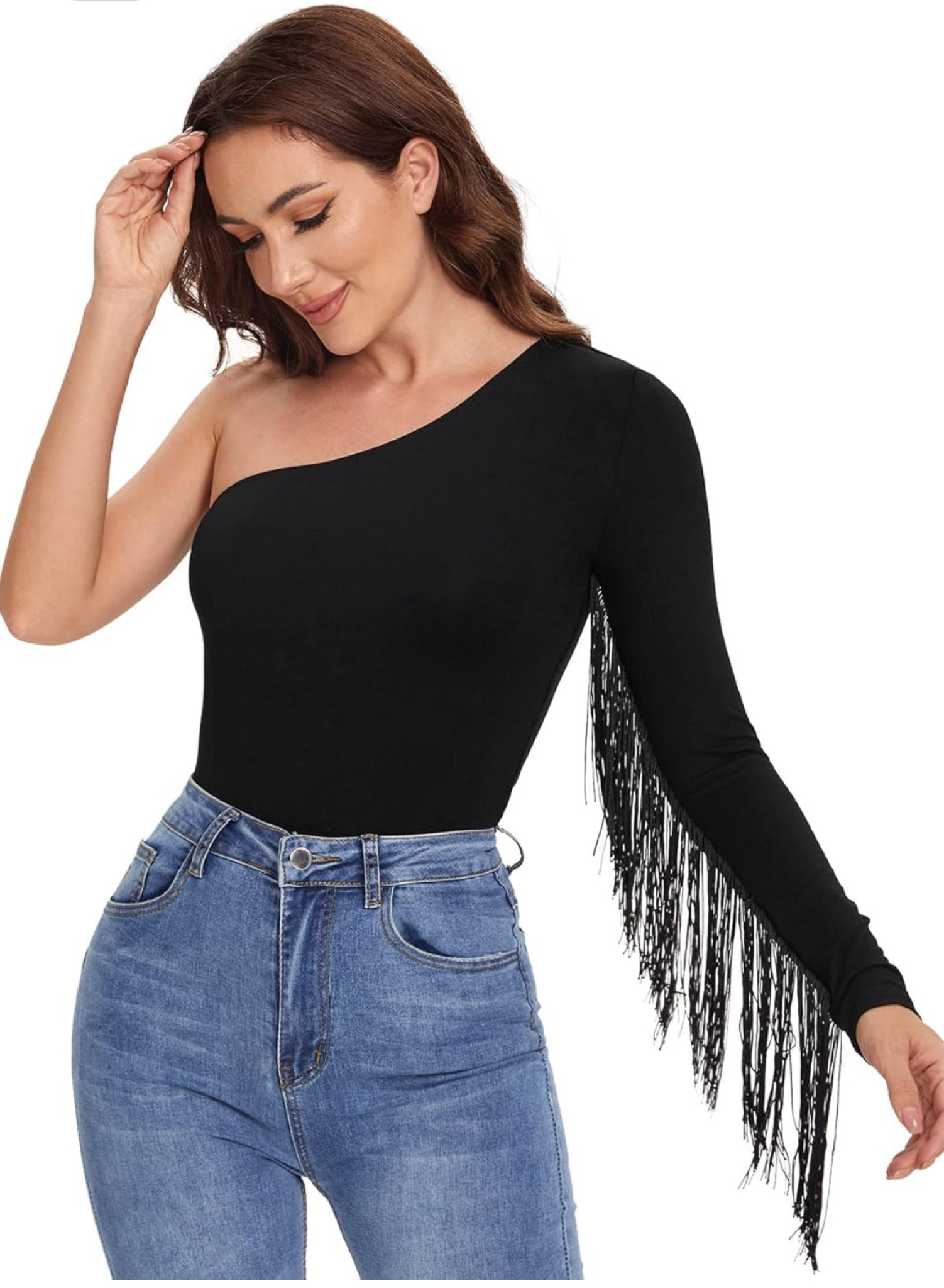 Verdusa Women's Fringe Trim One Shoulder Long Sleeve Fitted Top country concert outfit

#LTKFindsUnder50 #LTKStyleTip