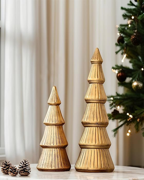Wooden Christmas Tree Figurine, 2Pcs Gold Tree Figurines, Decorative Trees for Tabletop, Small Di... | Amazon (US)