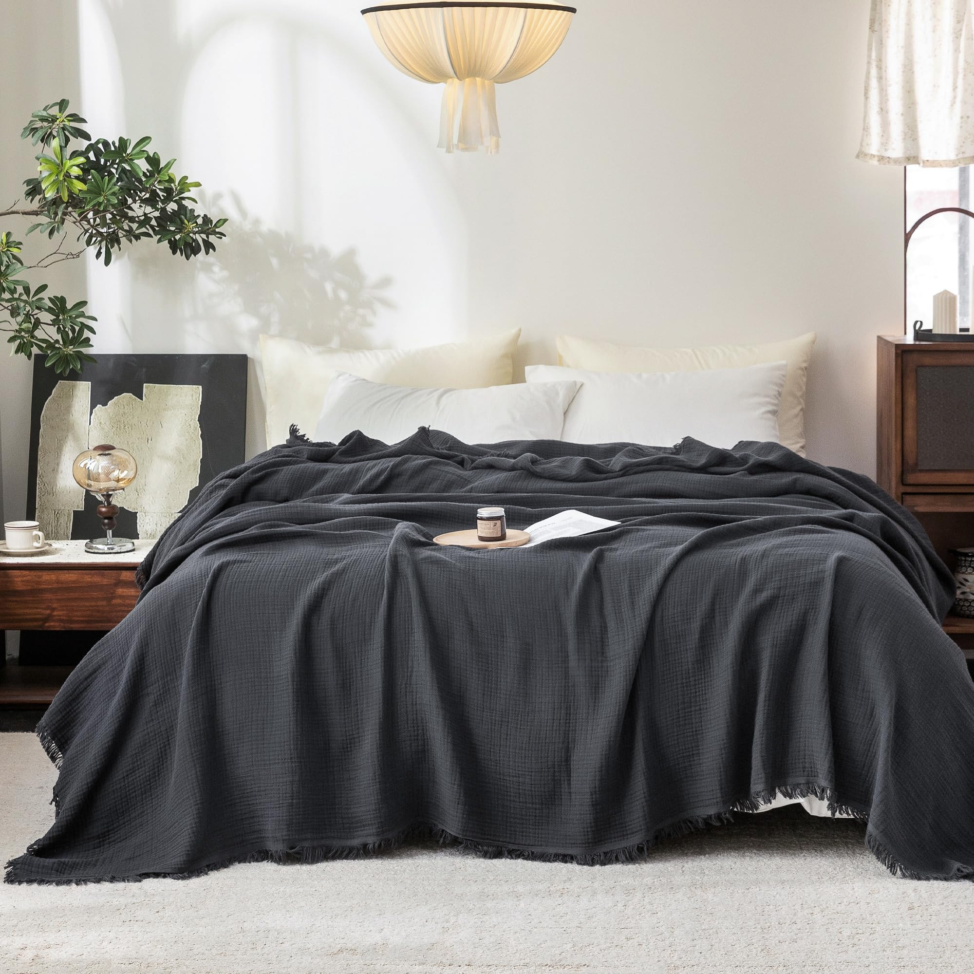FOSSA Muslin Blanket with Fringe - 4-Layer 100% Cotton Gauze Super Soft & Breathable Throw -Light... | Amazon (US)