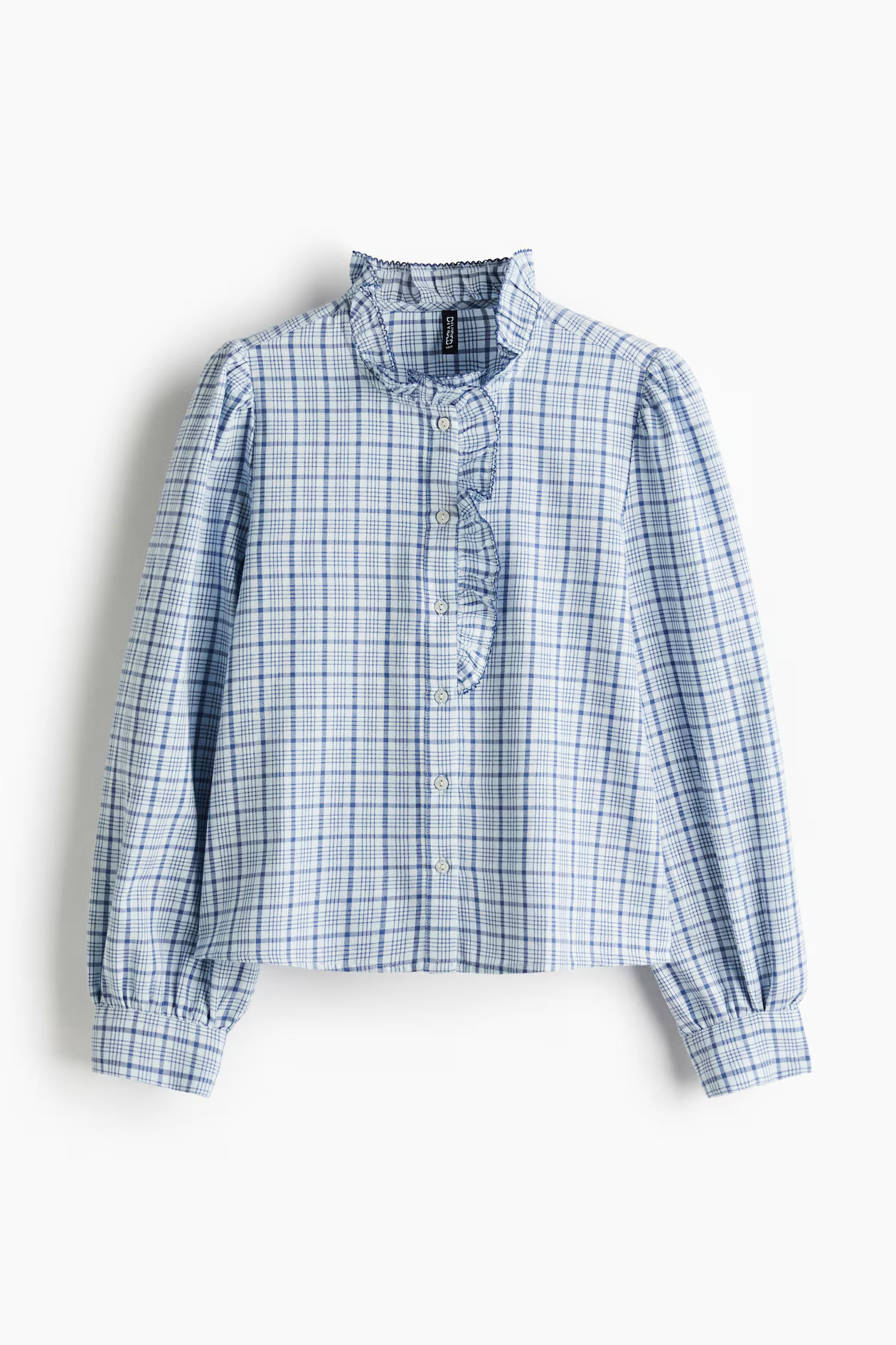 Blusa de algodón con cuello de volante - Azul claro/Cuadros - MUJER | H&M ES | H&M (FR, IT, ES, PT, BE)