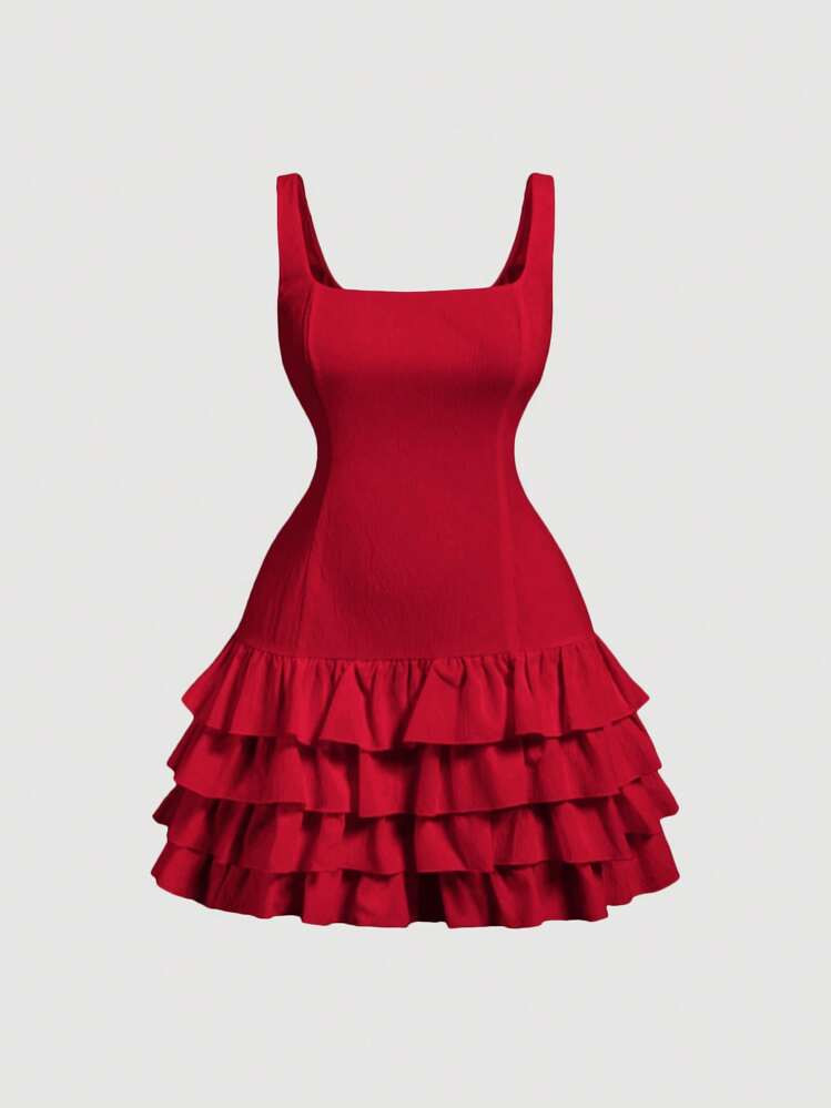 SHEIN MOD Plus Size Cute Cake Ruffled Trim Sleeveless Short Dress,Birthday Dresses For Women | SHEIN