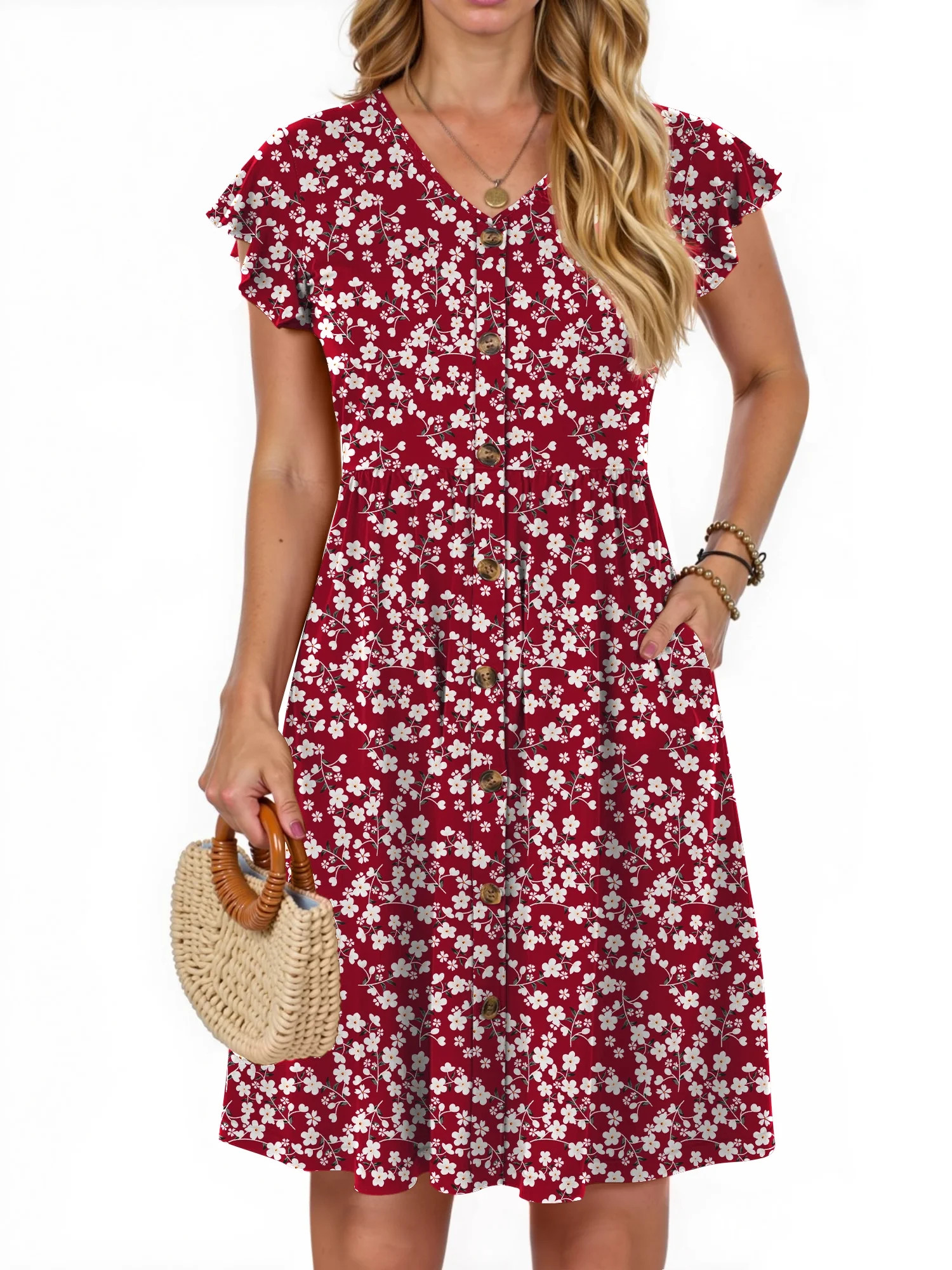 Fantaslook Women Summer Dresses V Neck Ruffle Sleeve Casual Flowy Sundresses Button Floral Midi D... | Walmart (US)