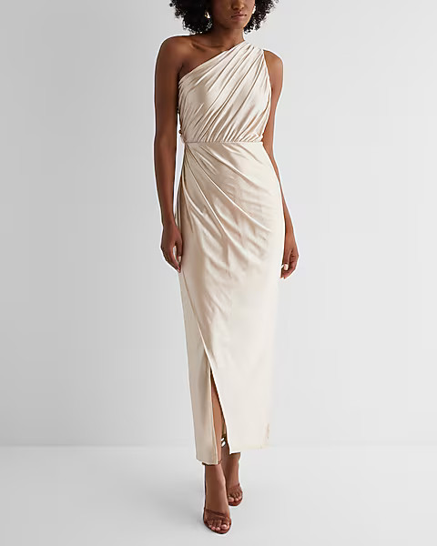 Satin One Shoulder Ruched Maxi Dress | Express