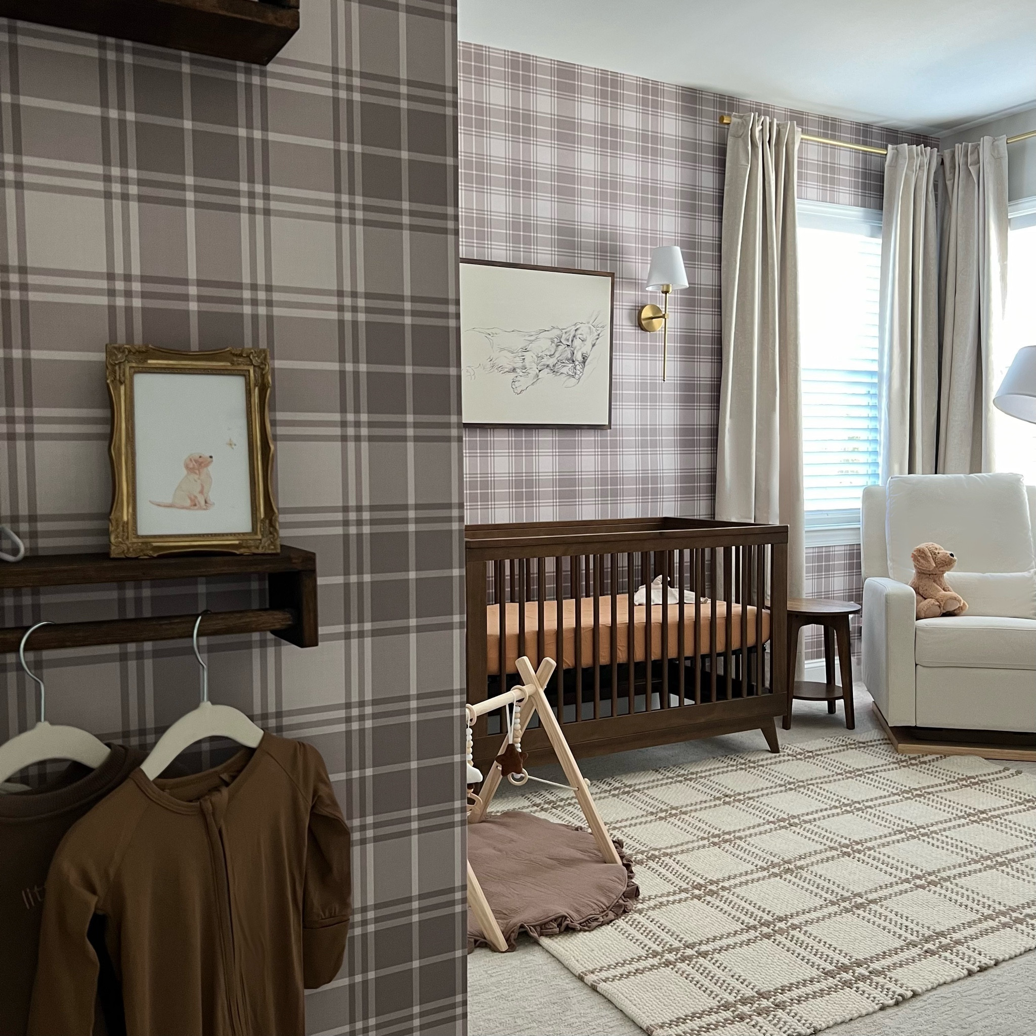 Baby boy nursery, neutral nursery decor, wall sconces, nursery rocker, wood nursery furniture, wooden play mat, linen blackout curtains, nursery curtains, golden retriever decor, puppy theme nursery, plaid rug

#LTKbaby #LTKhome #LTKsalealert