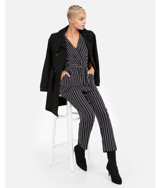 Express Womens Petite Striped Tie-Waist Surplice Jumpsuit | Express