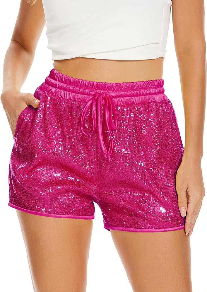 PESION Sequins Rave Shorts for Women High Waist Casual Loose A Line Hot Pants Sparkly Clubwear Ni... | Amazon (US)