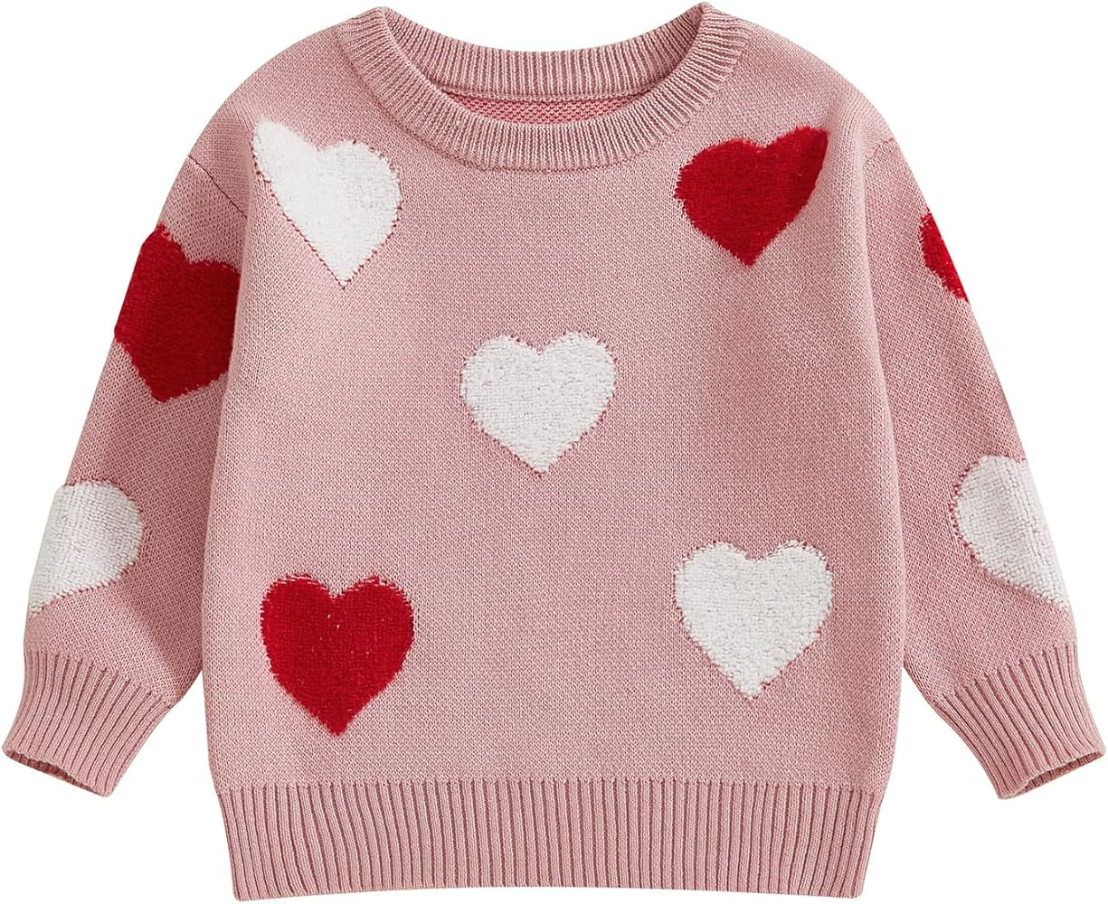 Baby Girl Cute Long Sleeve Heart Flowers Embroidery Oversized Sweater Toddler Valentine Outfit | Amazon (US)