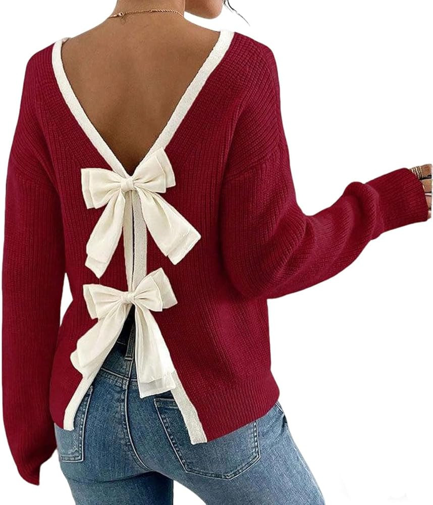 Women's Cute Color Block Bow Tie Backless Sweater Long Sleeve Crew Neck Ribbed Knit Trendy Pullov... | Amazon (US)