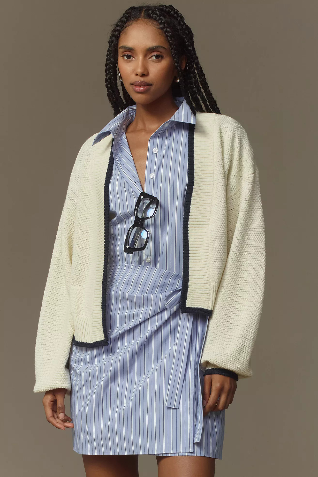 The Livvy Waffle Knit Cardigan Sweater by Flat White: Colorblock Trim Edition | Anthropologie (US)
